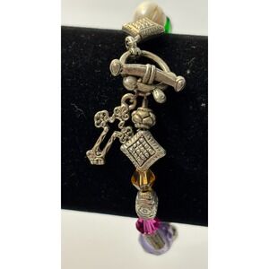 Y2K Charm Bracelet Silver‎ Tone Purple Green Yellow Beads Cross Crucifix